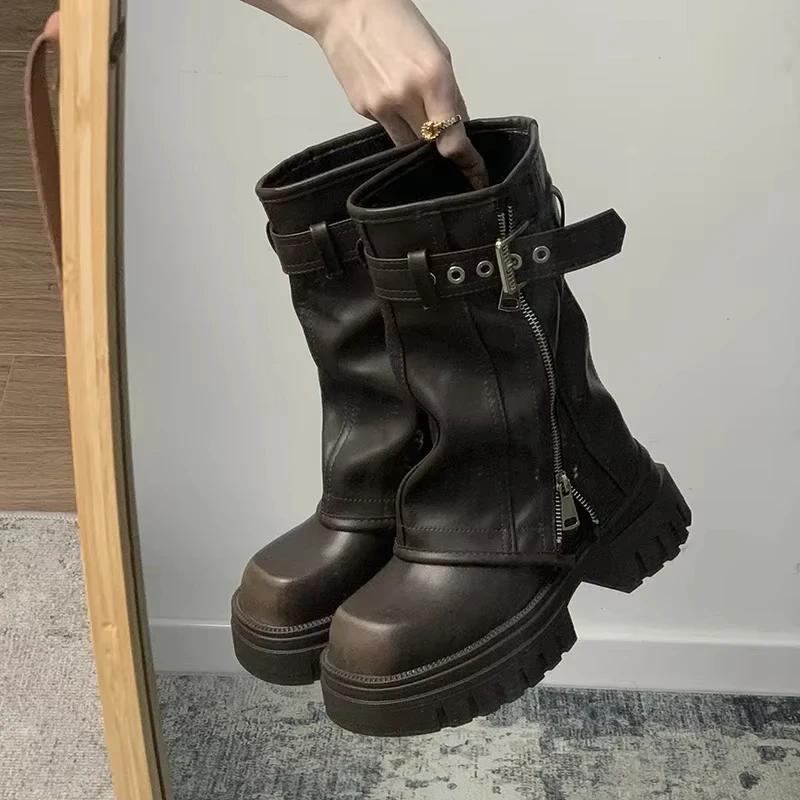 Winter Women Biker Boots Fashion Belt Buckle Ladies Elegant Platform Flats Short Booties Casual Women's Knight Booties New