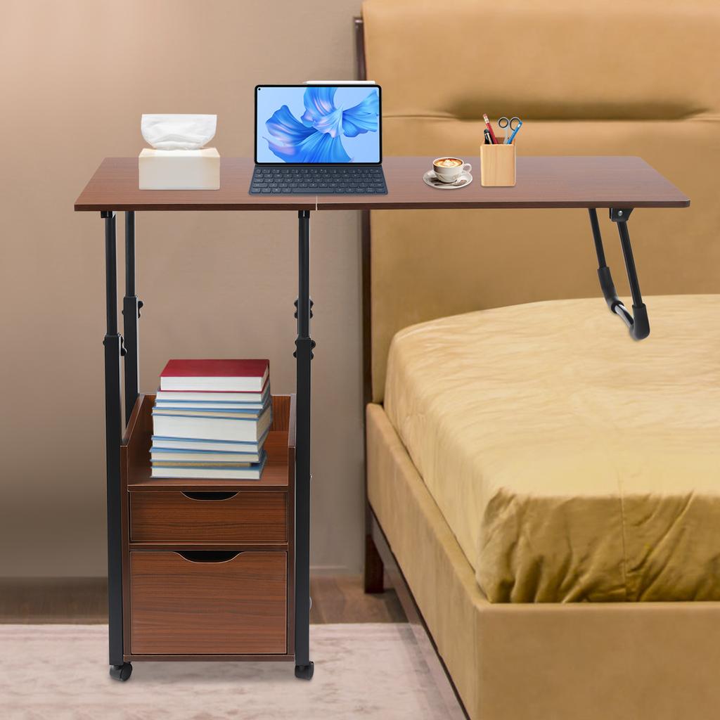Overbed Table On Wheels, Movable & Adjustable Bedside Laptop Desk, Rolling Hospital Bed Tray W/ Storage Cabinet, Fits Over Couch