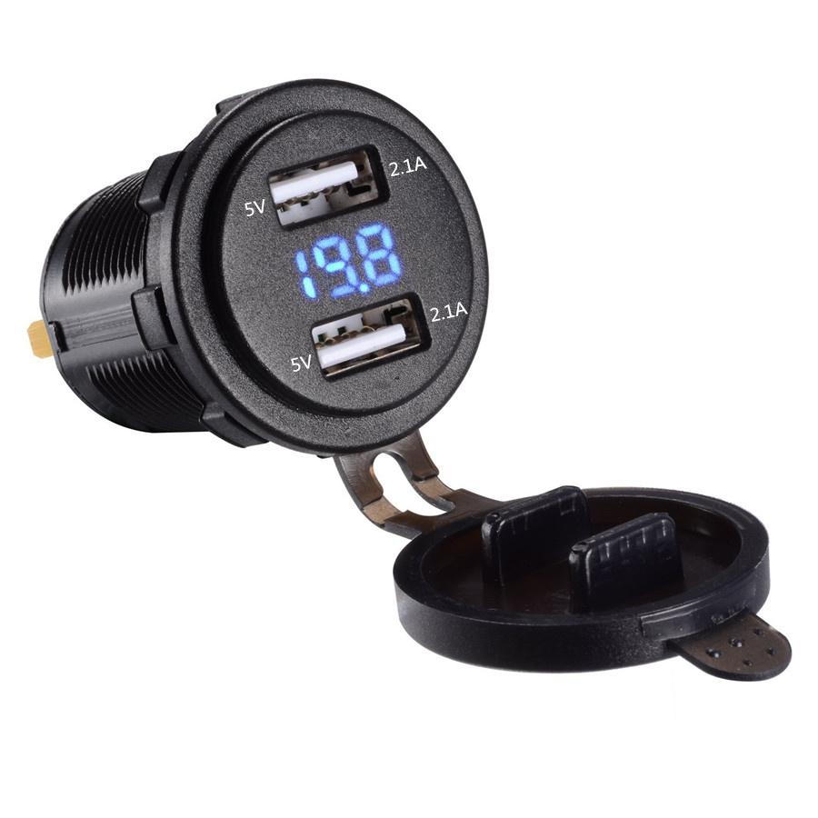 Motorcycle Dual USB Charger Socket With Blue LED Voltmeter Wire In-line 10A Fuse