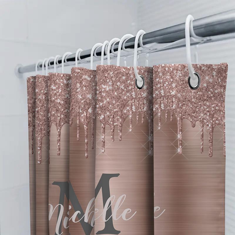 Shower Curtain With Glitter Dripping Design For Bathroom Decor Customizable Name Monogram Available