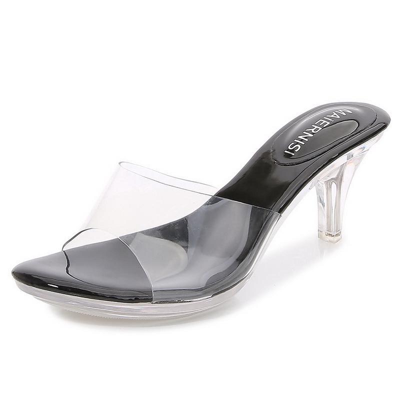 

Women Crystal High Heel Sandals Peep Toe Transparent Spike Heel Slide Sandals Office Nightclub Evening Party Banquet High Heels 35 чёрный