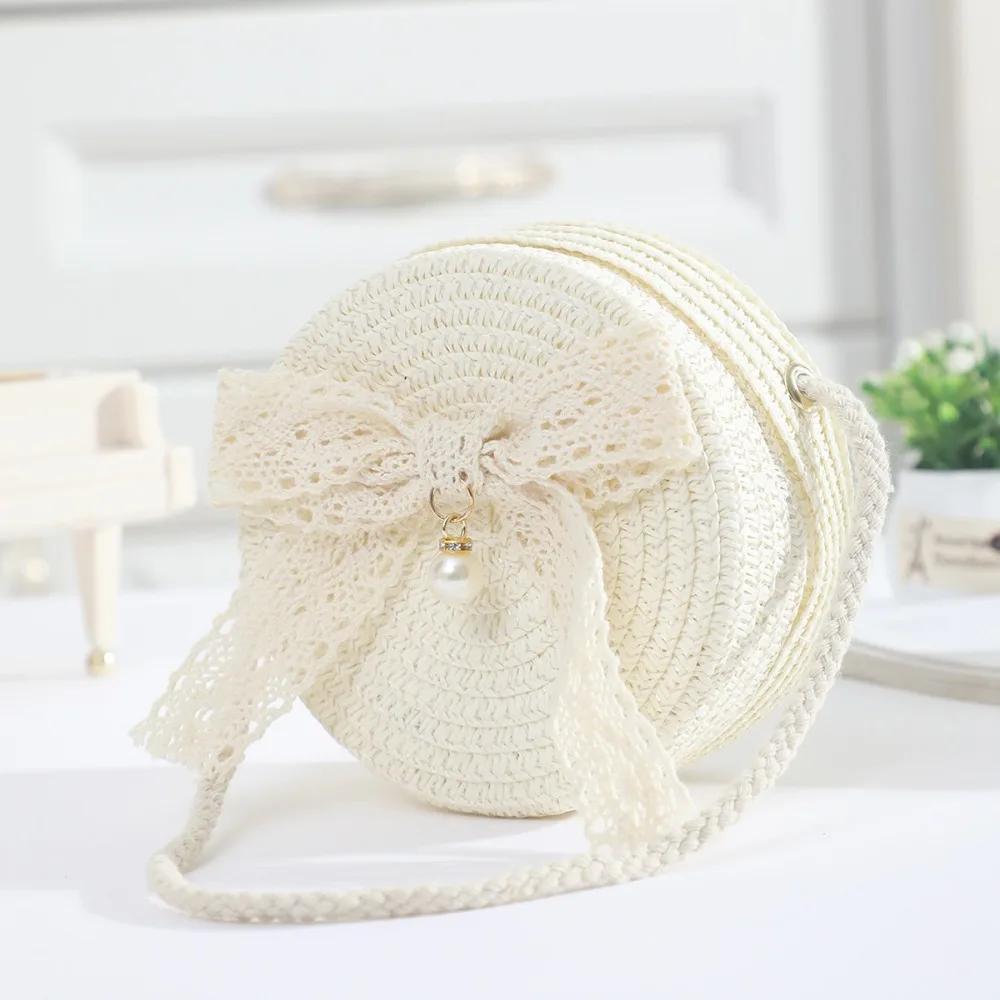 Cute Lace Bow Straw Bag Hand-woven Lightweight Beach Bag Zipper Round Kids Crossbody Purse