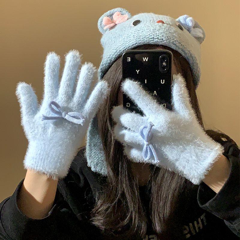 

Банты Синий Вязание Вязальная шерсть Перчатки Женские Зимние Пальцы Флисовая подкладка Утолщенные Уличные Велоспорт Теплосберегающие и Холодостойкие Студенческие Blue All yards