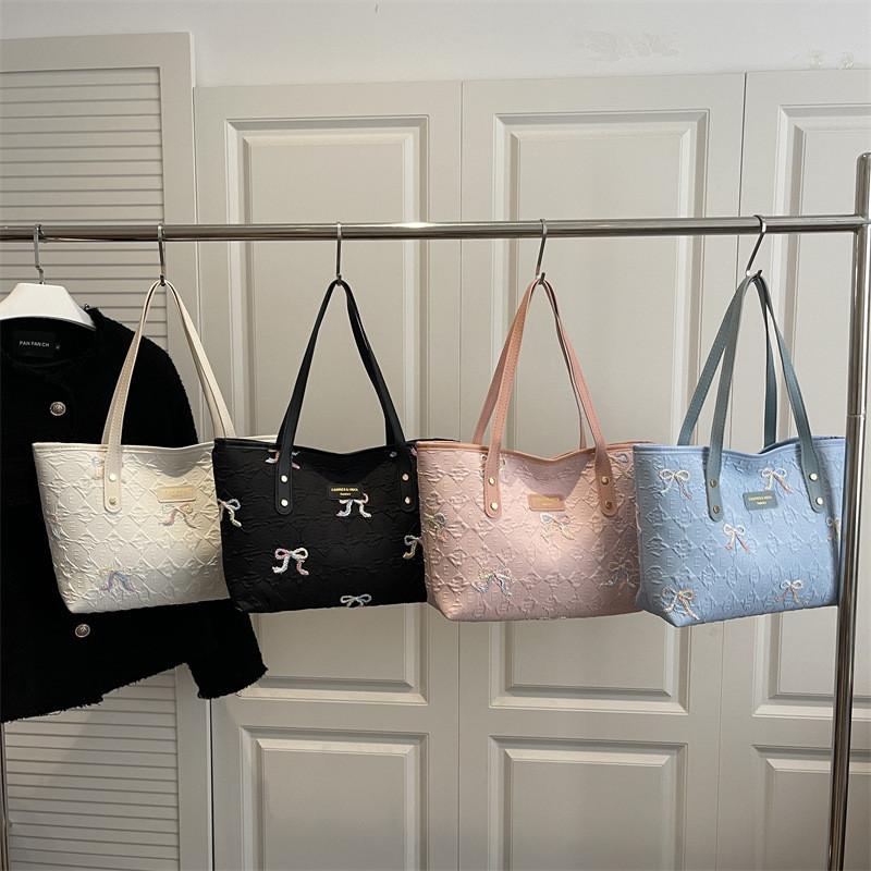 Canvas Tote Bag Grote Capaciteit Met Gestreept Strikontwerp Voor Studenten Casual En Pendelgebruik