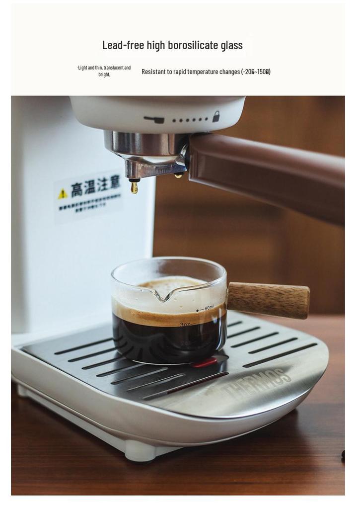 Heat-Resistant Glass Milk Jug with Wooden Handle & Measurement Markings, Ideal for Coffee, Baking & Household Use