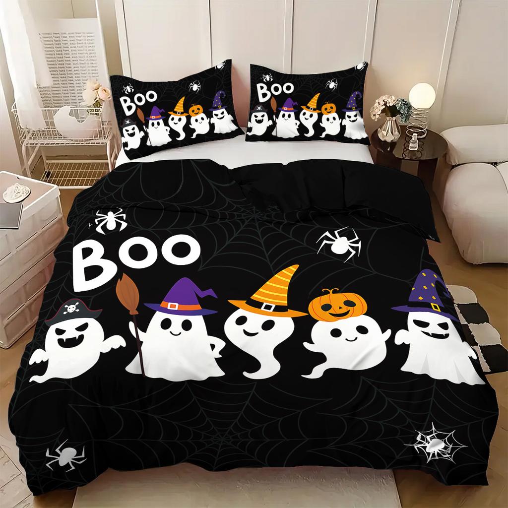 3-piece Halloween themed black cute ghost pumpkin pattern duvet cover set, 1 duvet cover+2 pillowcases, coreless