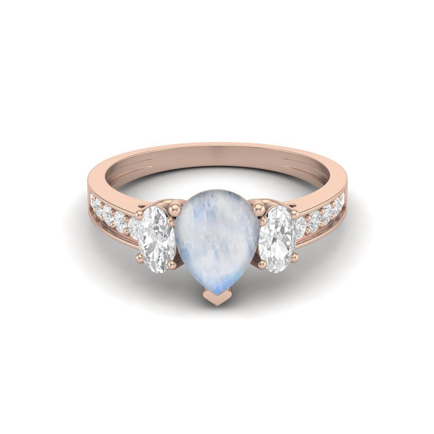 

Серебро 925 пробы с позолотой Rose Vermeil 1,7 карата Грушевидный Лунный камень Три камня Акцент Свадебное Женское Кольцо 7 ярко-розовый