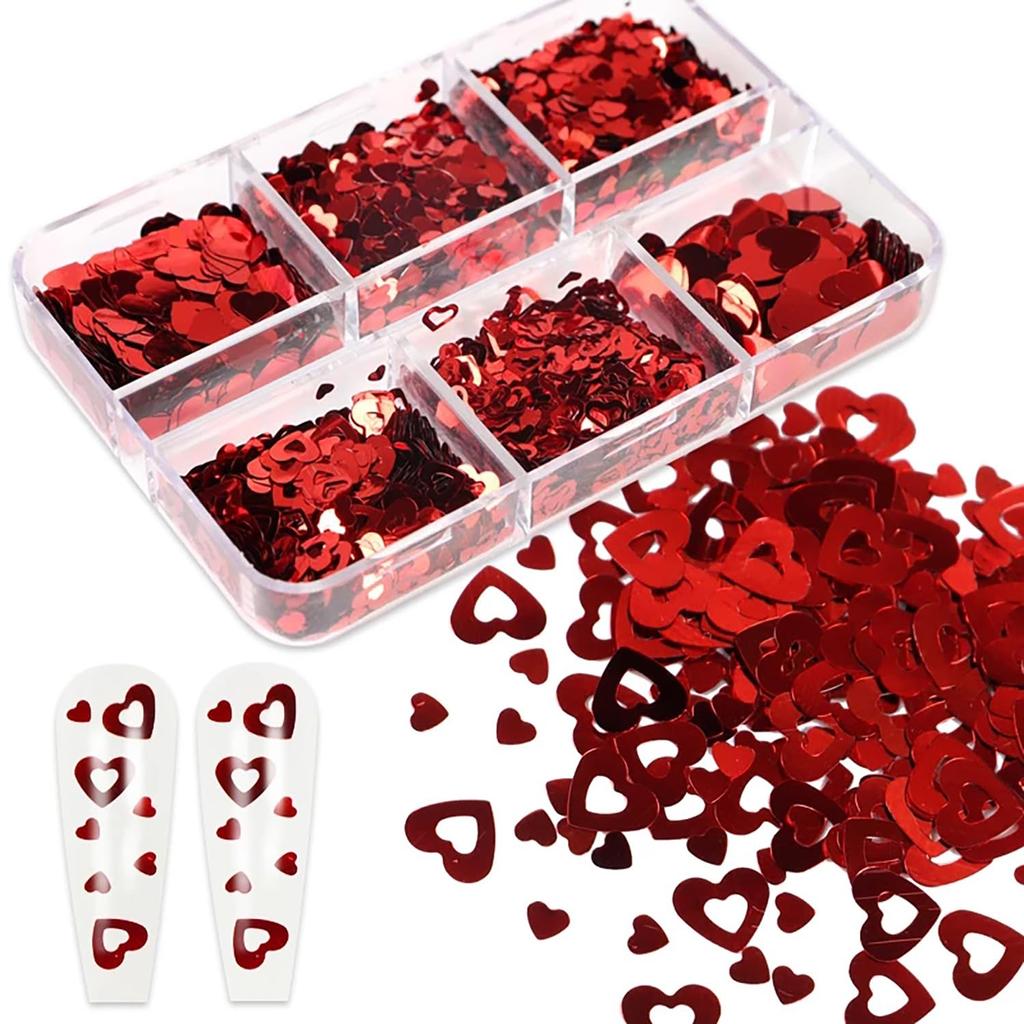 Valentine’s Day Nail Glitters Red Heart Nail Art Sequins 3D Holographic Hollow Heart Love Nail Flakes Glitter Powder 6 Grids Heart Sparkly for