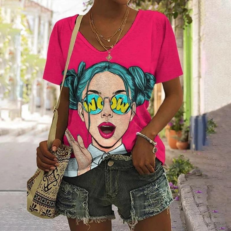 Summer New Product Cool And Comfortable V-neck T-shirt Women's Elegant Flower Print Top Casual Simple Short Sleeved T-shirt