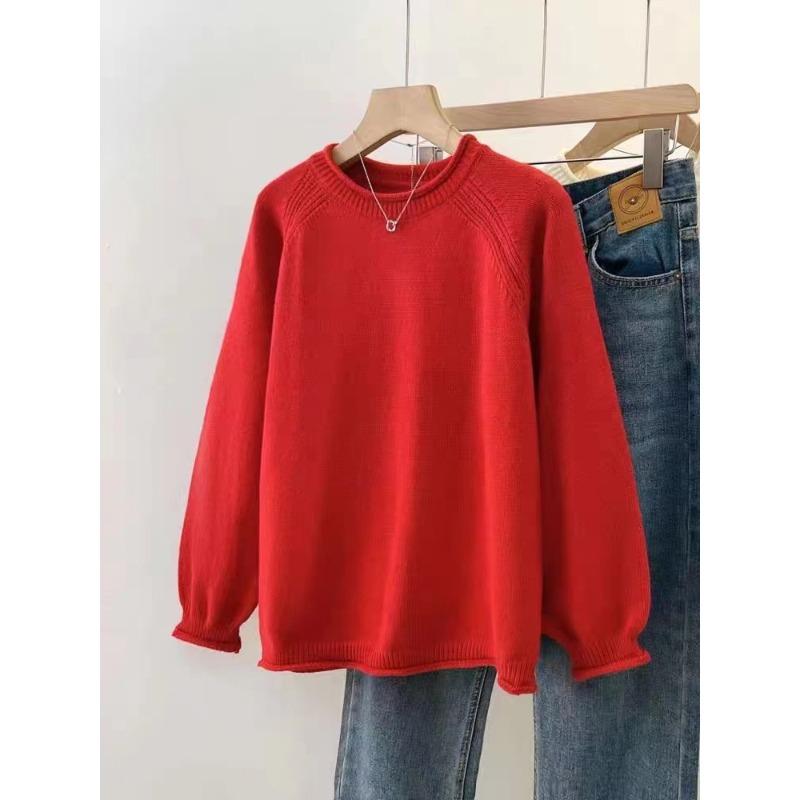 

Curled solid color simple pullover sweater women s autumn new loose retro knitted lazy style top 061213278 average size [90-65kg]