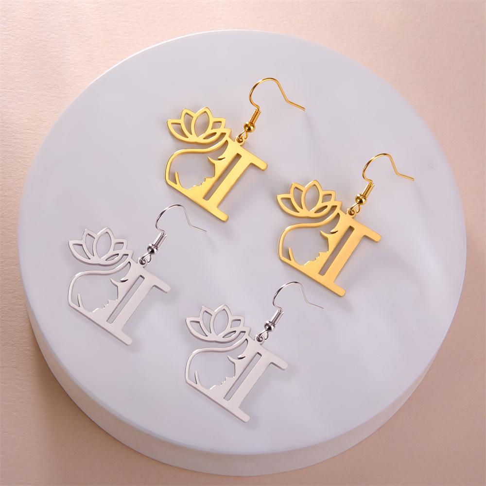 My Shape Beauty Flower Letter Drop Earrings for Women A-Z Alphabet Initials Lotus Stainless Steel Fashion Jewelry Kids Female