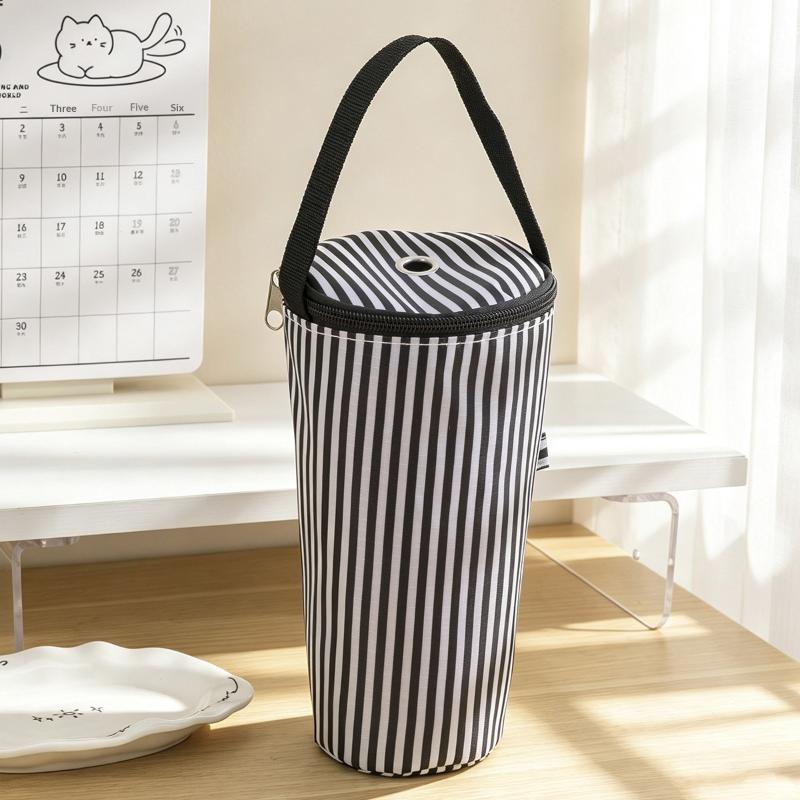 Thermal Lined Striped Tumbler Bag with Handle Insulated Water Bottle Carrier for Commuting Outdoor Activities