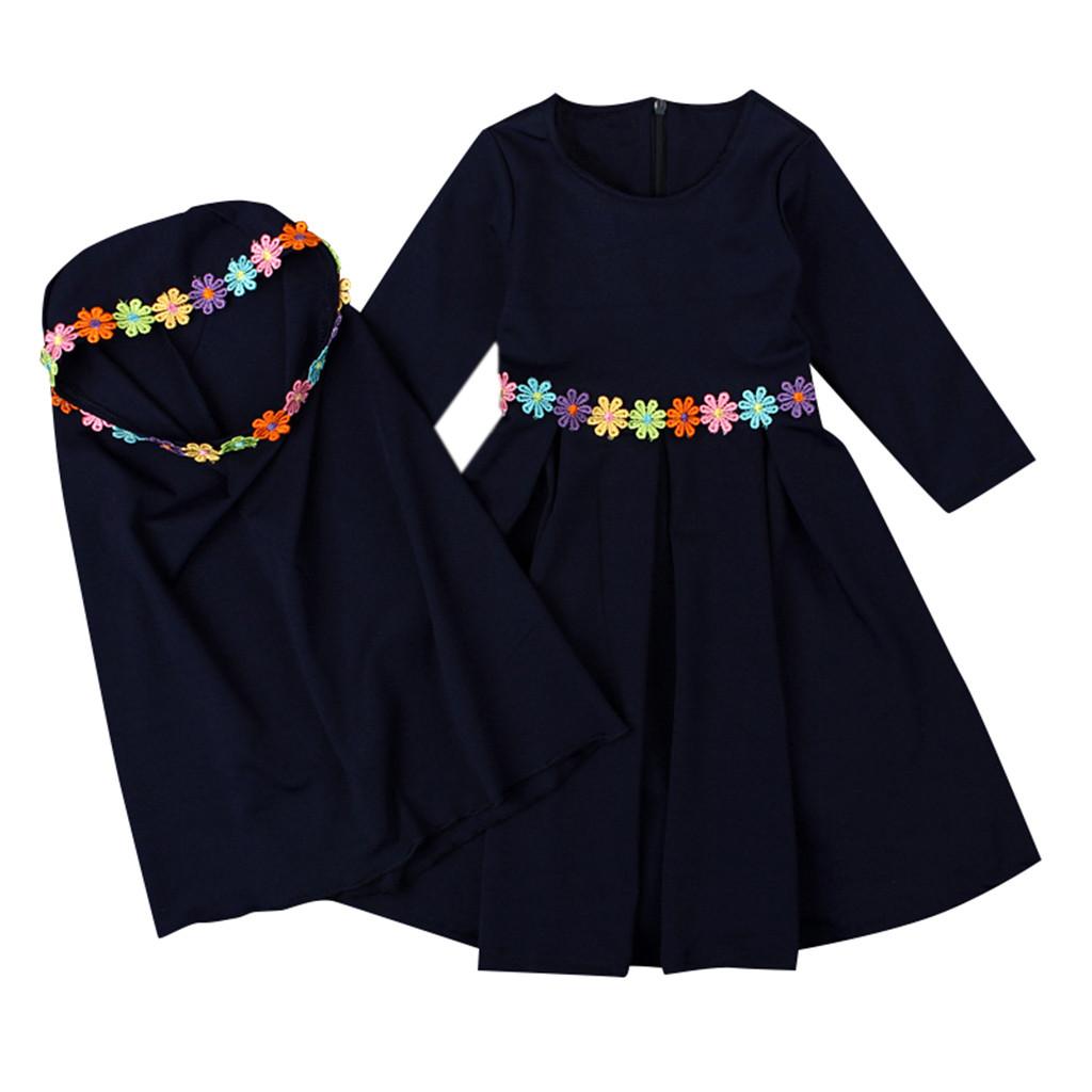 SSZZoo 12M-6Y,Baby Girl Kids Dress Long Sleeves Islamic Muslim Long Abaya with Floral Hijab