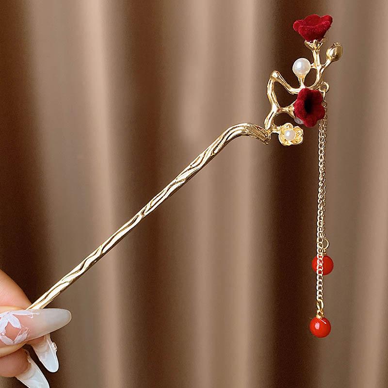 Haarnadel mit roter Blume und Quaste im chinesischen Stil für Damen