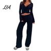Büroparty-Kleidung Hosen Damen Sweatshirt 2-teiliges Set, V-Ausschnitt Slim Fit Oberteil & Hohe einfarbige Lounge-Kleidung mit Taille Weiter Bein Hosen, für Frühling