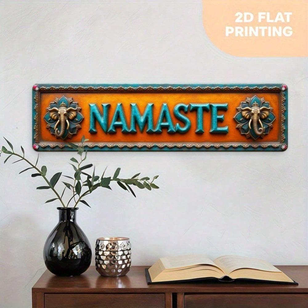 2D Flat Namaste Lotus Wall Decor, Orange Turquoise Metal Plaque Elephant Design, Yoga Studio Home Office Cafe Art, Pre-Drilled Lightweight Aluminum