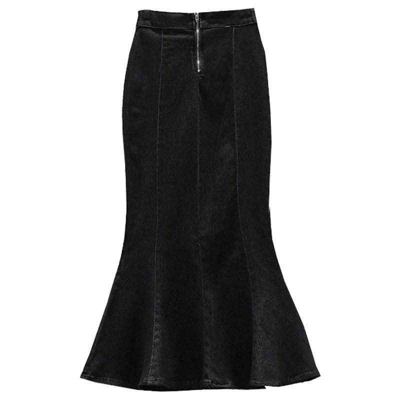 Denim Pencil Skirt With Ruffle Hem For Office Women Autumn Winter