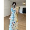 French beautiful temperament waist thin floral dress seaside vacation style print sleeveless dress women's summer wear
