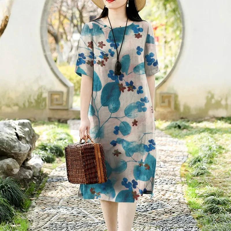 

Women s Summer Midi Dress Crew Neck Short Sleeve Dress Casual Floral Print Beach Sundress S синій