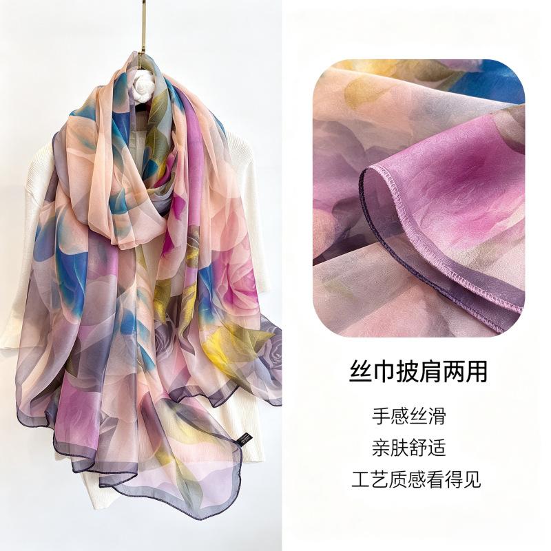 Summer new soft yarn silk scarf large size printed beach scarf rose travel vacation sunscreen scarf spot