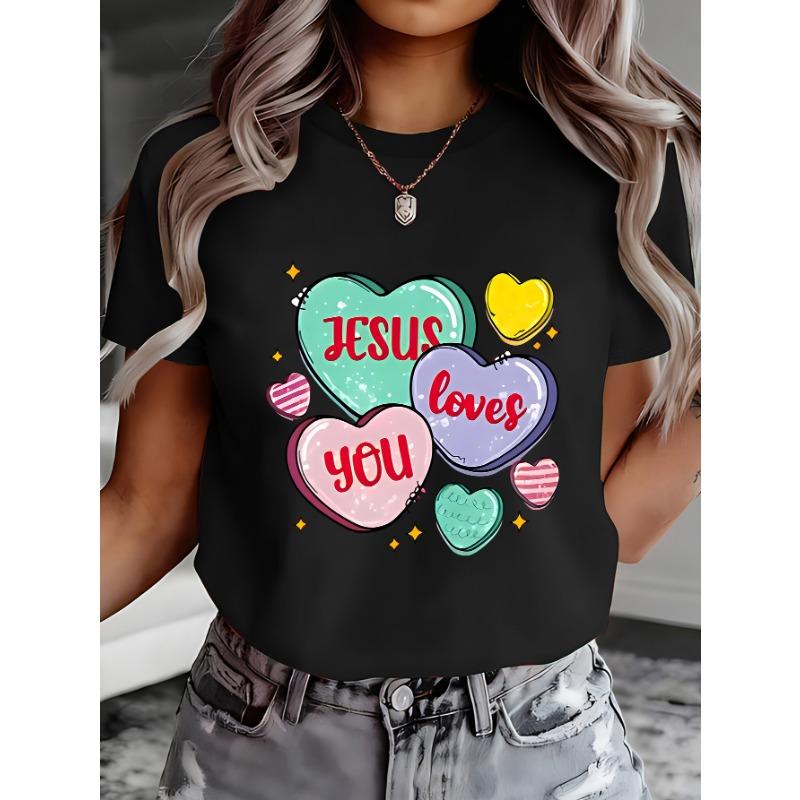 European size Loves You | Sweet Candy Hearts Printed Casual Short-Sleeve T-Shirt for Women, Comfortable Top for Spring/Summer
