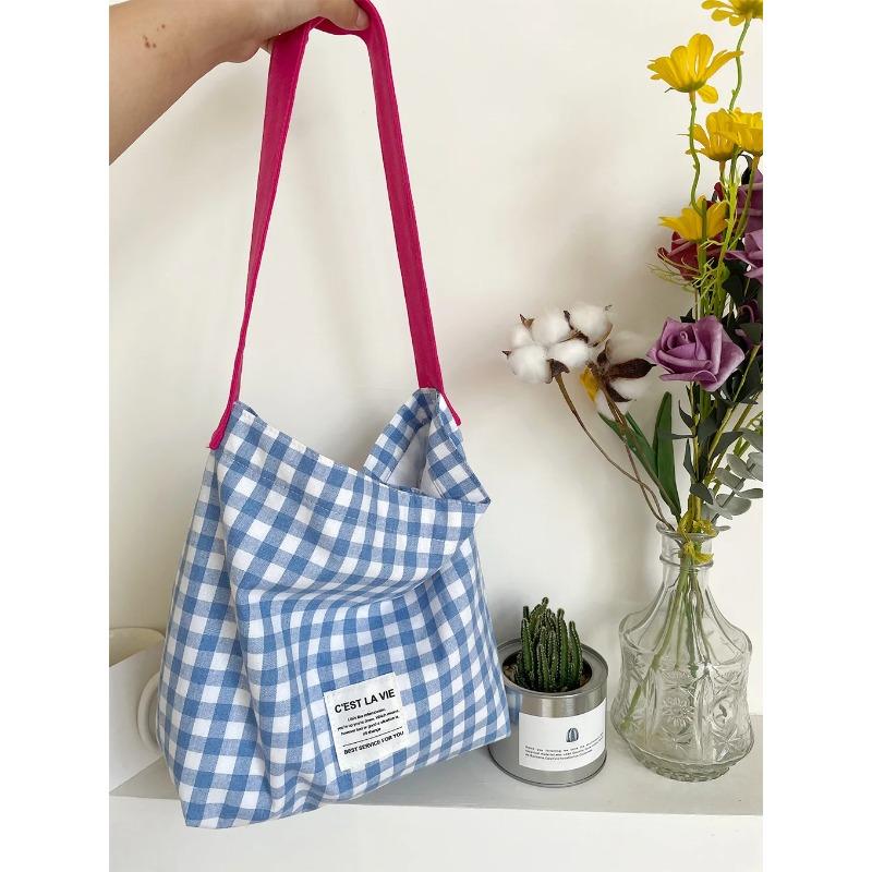 Ctrast Color Checked Ladies Shoulder Bag Large Capacity Women's Plaid Handbags Canvas Commuter Female Tote Shopping Bags
