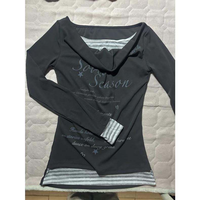 T-shirt Vintage Rayé Patchwork Col Drapé Manches Longues Femme Mode Imprimé Lettres Haut