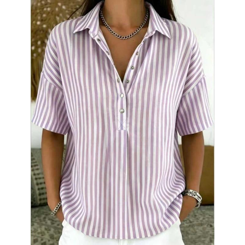 TIFICY Women's Fashion Casual Summer Spring Stripe Print Short Sleeve POLO Neck Blouses & Shirts