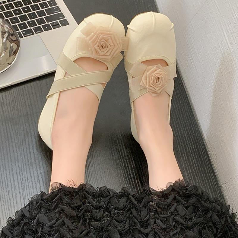 Vintage Flower Cross Lace-Up Single Shoes Summer Round Toe Shallow Mouth Non-Slip Wear-Resistant Flat Ballet Shoes for Women