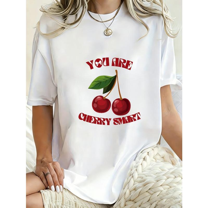 Oversized T Shirt Black Cherry Print With You Are Cherry Smart Text Casual Streetwear For Women