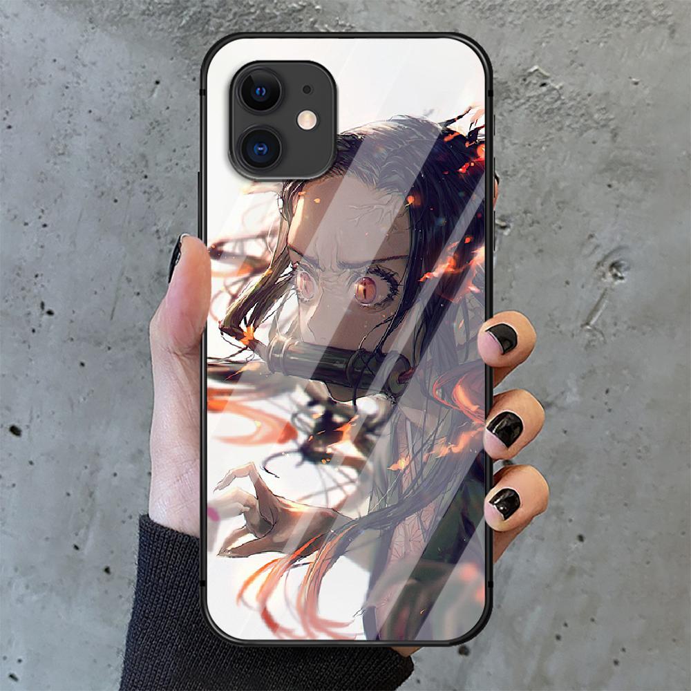 Goedkope Anime Demon Slayer Kamado Nezuko Tempered Glass Phone Case Cover For Iphone 6 7 8 11 12 13 X Xs Xr Pro Max Plus Samsung Galaxy Xiaomi Redmi Tpu Hot Kopen