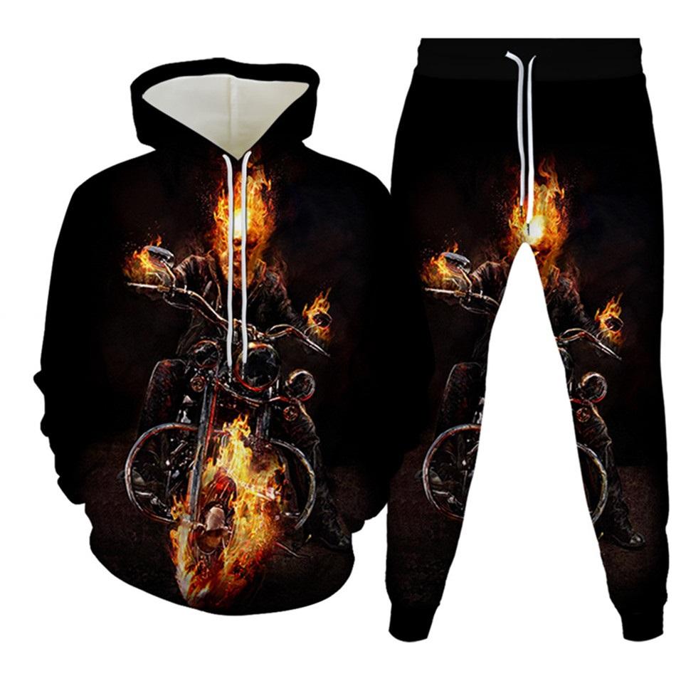 New Men's Tracksuit Sets Goth Punk Skull Fire 3D Printing Hoodies Pants Suit High Quality Skeletons Pullover Streetwear Oversized