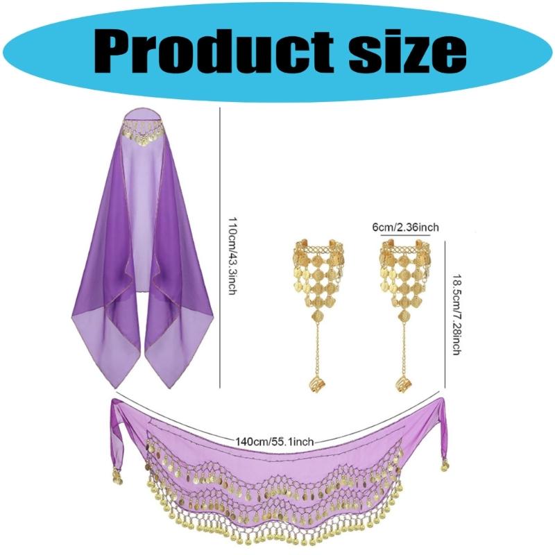 Set Premium per Esibizioni di Danza del Ventre Sciarpa per Vita Bracciale Fascia per Capelli Fibra di Poliestere Accessori Costume per Spettacoli Teatrali