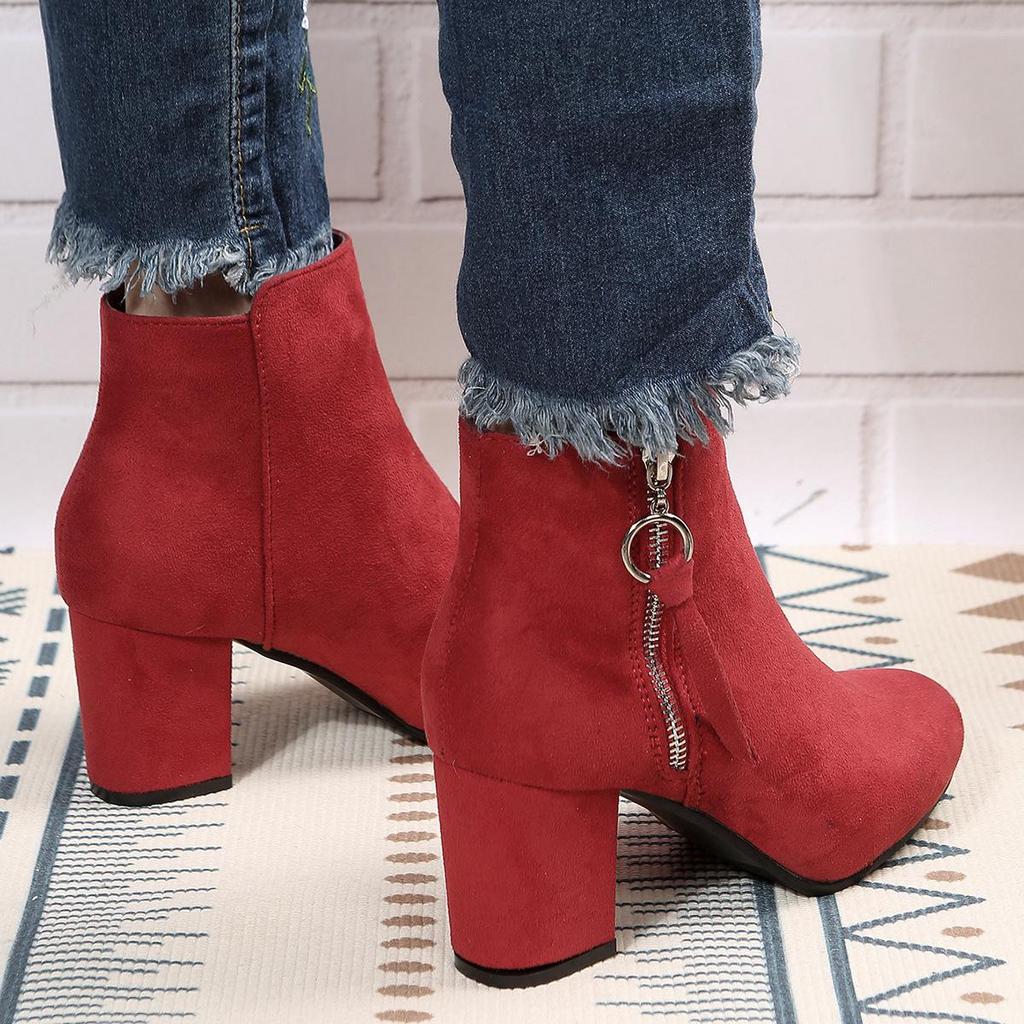 2023 European & American Plus Size Chunky Heel Round Toe Zipper High Heels