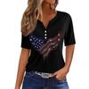 Women's Casual V Neck Short Sleeve T Shirt with Button Detail Independence Day Print Butterfly and Floral Pattern Top