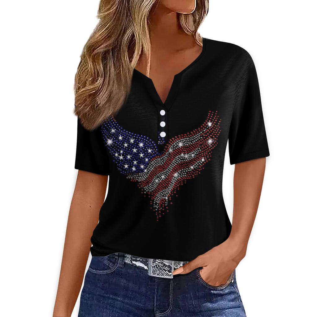 Women's Casual V Neck Short Sleeve T Shirt with Button Detail Independence Day Print Butterfly and Floral Pattern Top