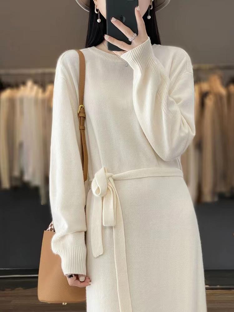 Autumn and Winter New Lace-up Temperament Thin Knitted Dress Women's Fashion Medium and Long Inner Sweater Skirt
