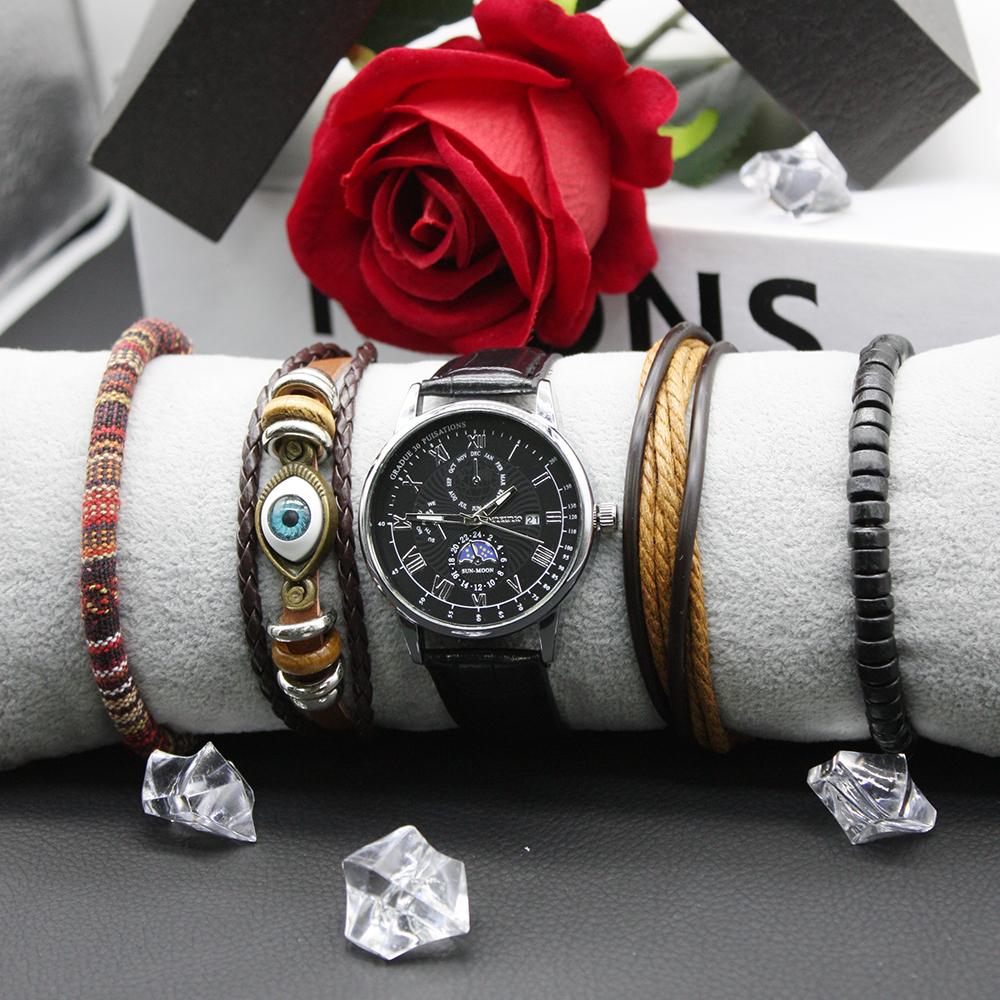 5pcs Set High-end Men's Watch Leather Belt Retro Fashion Round Dial Bracelets Include Box for Get-together Party