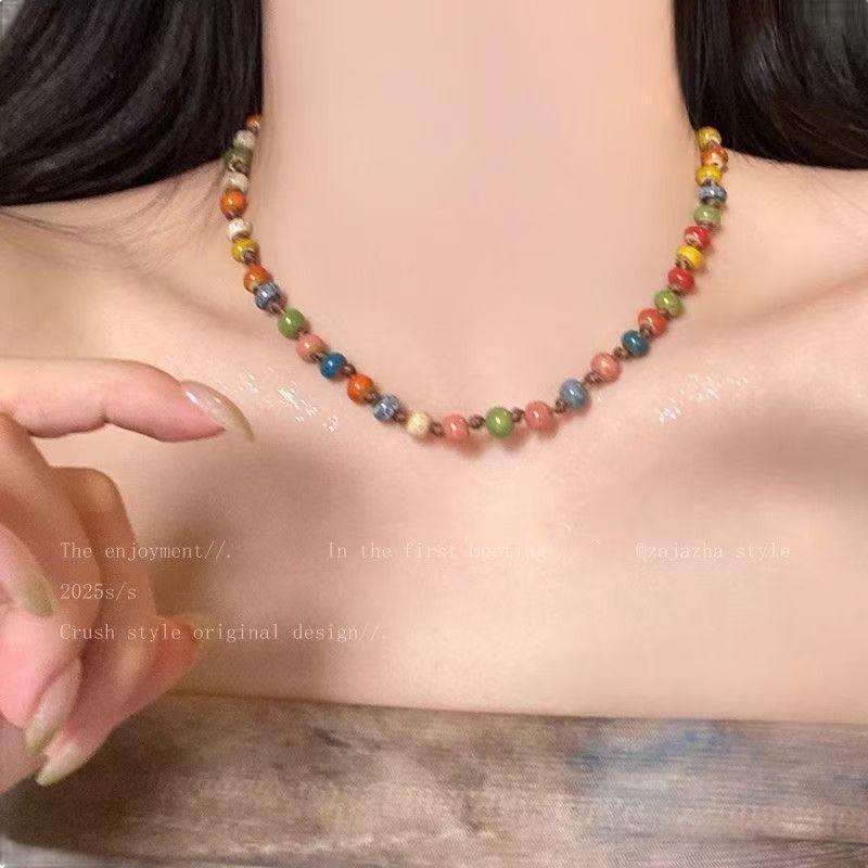 Color ceramic flower necklace women's new popular new Chinese sweater chain long beaded woven rope accessories