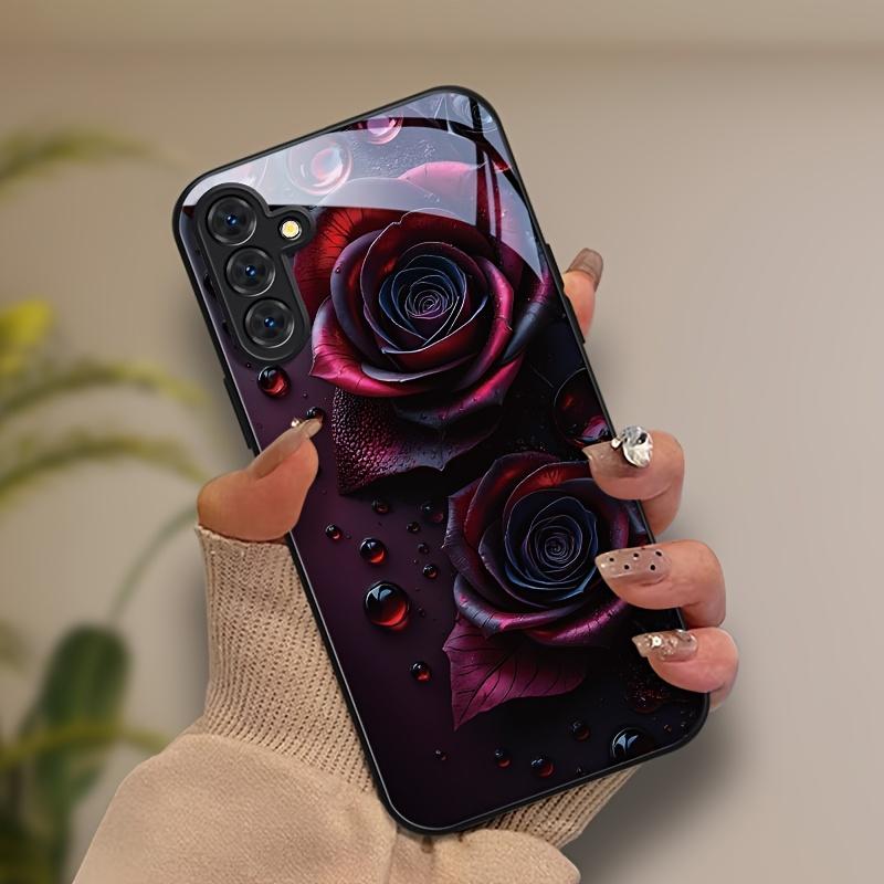 Red Flower Patterned Glass Phone Case Suitable for Samsung Galaxy S26 S25 S24 S23 S22 S20 FE/Ultra/Plus Anti Drop Back Cover