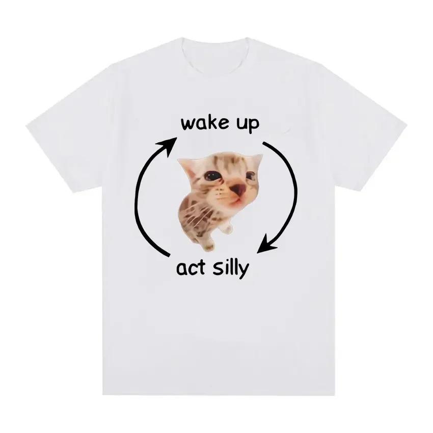 Wake Up Act Silly Meme Graphic T Shirt Funny Cute Cat Print Short Sleeve T-shirt Men Women Casual Oversized T Shirts Comfortable