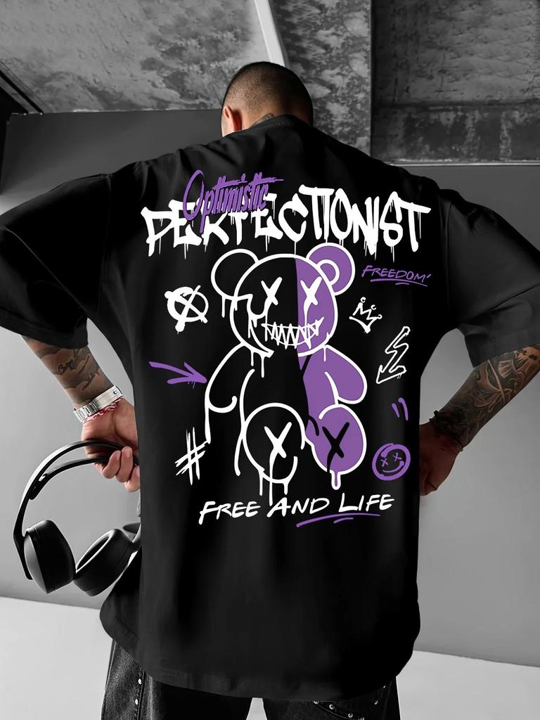 Summer New Mens Teddy Bear Graffiti Print Comfortable and Breathable Round Neck Tshirt This Is an Outdoor Versatile Street St