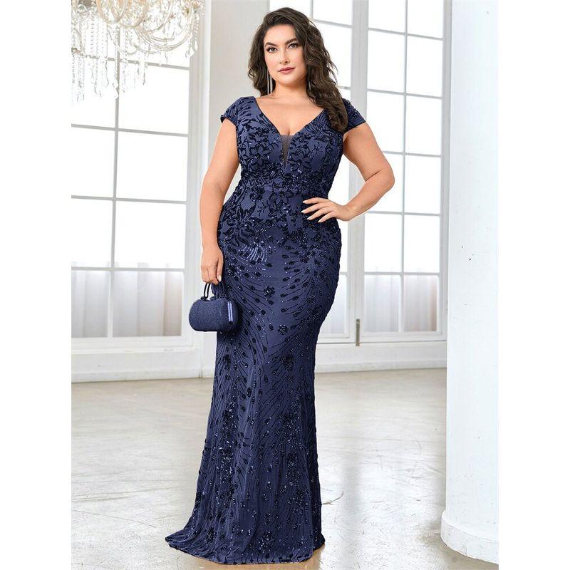 New European and American Style Plus-Size Sequined Evening Dress, Elegant Slim-Fit Fishtail Gown, Long Dress for Toasting At Weddings