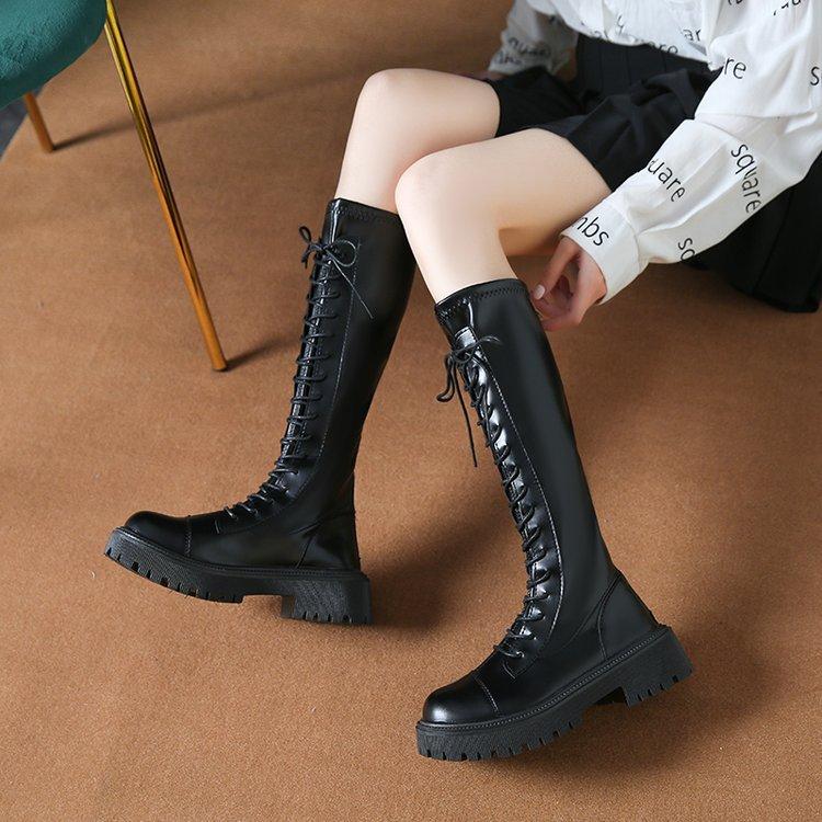 thick-soled knight boots for women, long British Martin boots, small lace-up thin boots for women