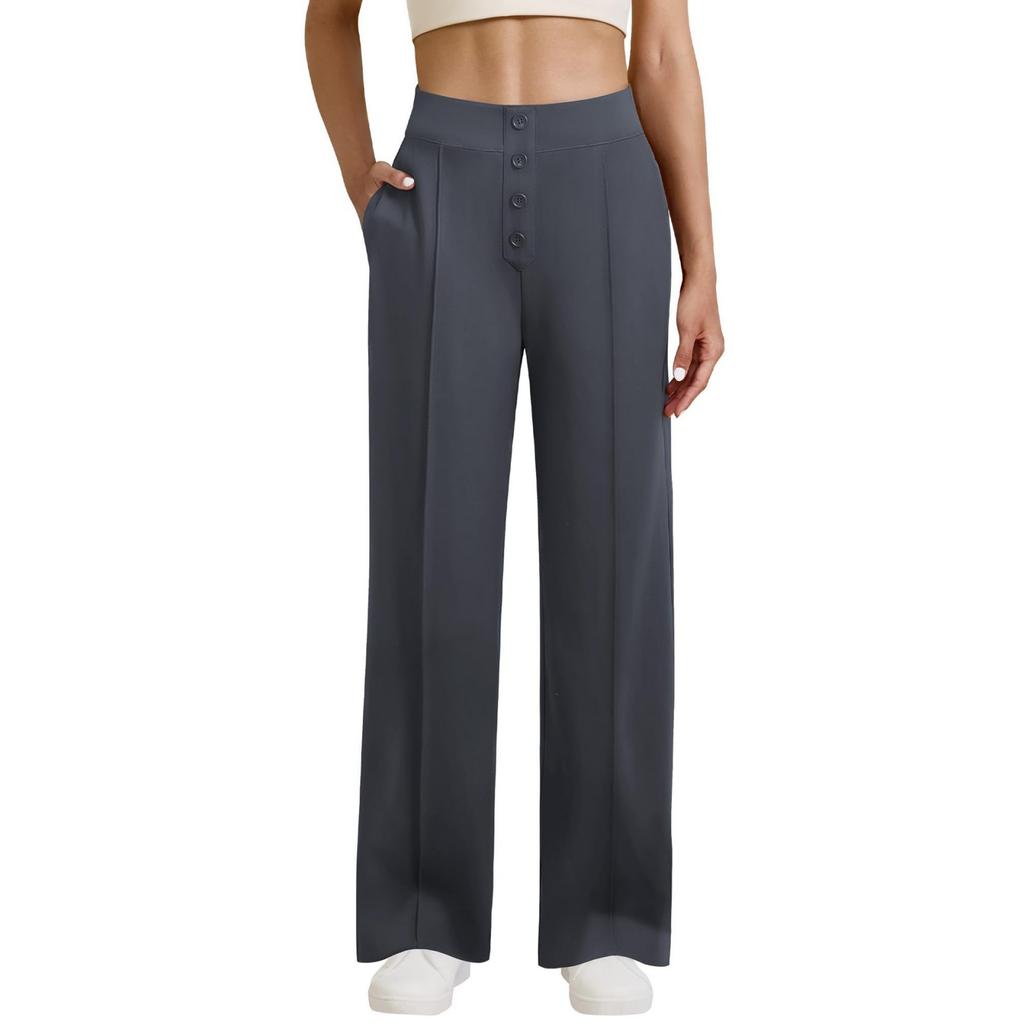 Women's Casual Straight-leg Trousers, High-waisted, Button-down, Elasticated, Wide-leg Trousers With Pockets