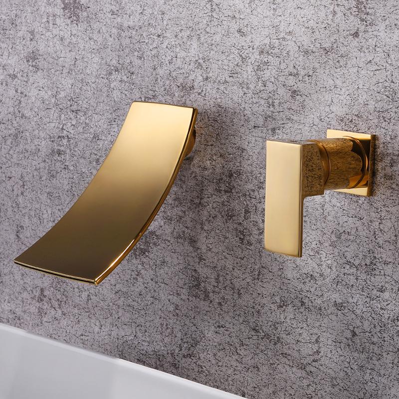 Wasserfall Beckenarmatur Wandmontage Einhebel-Heiß- und Kaltmischer Armatur Badezimmer Einbau-Beckenarmatur Messing Gold