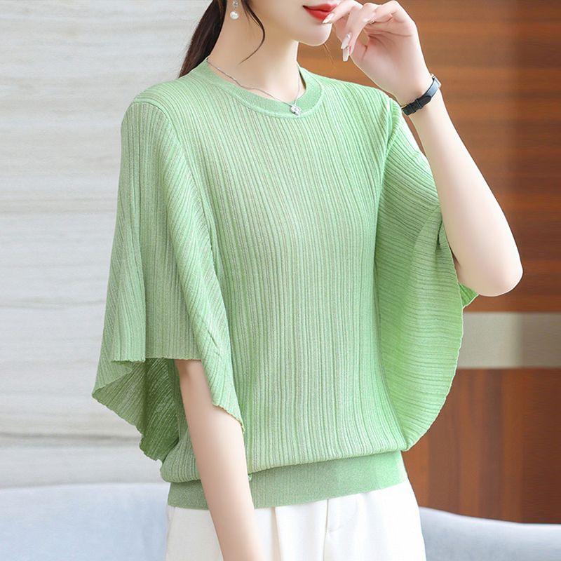 Tricou tricotat de vară pentru femei Cămașă cu mânecă scurtă de liliac Vară, Top la modă Cămașă tricotată din mătase de gheață