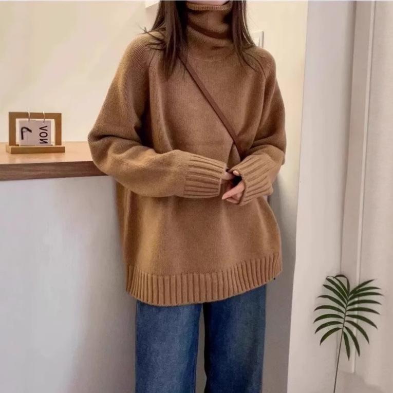 Autumn and Winter New Turtleneck Sweater Women's Loose Thick Curling Heap Collar Lazy Soft Waxy Knitted Sweater Top
