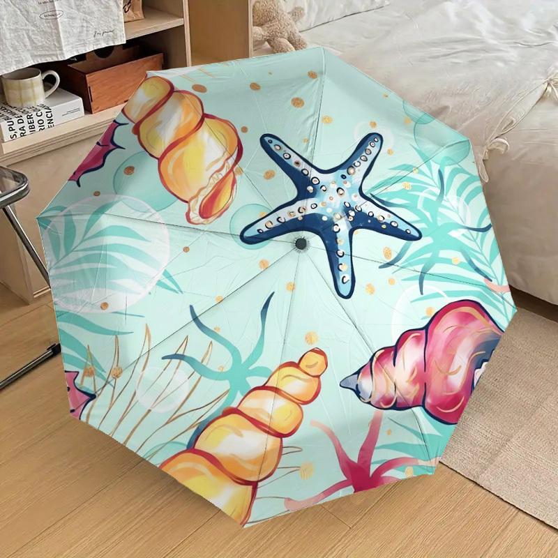 1pc Seashells, Starfish, Oceanic Pattern Umbrella with Plastic Handle,Suitable for All Seasons Home Travel Outdoor UmbrellaDD279