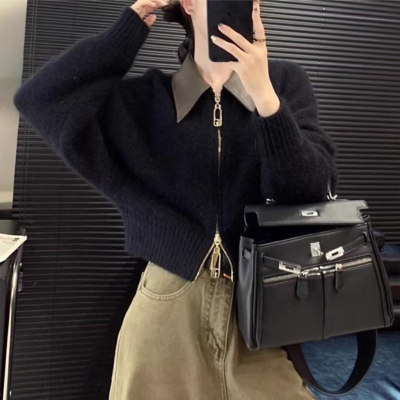 2KWEIRD Podzim Zima Nový pletený kardiganový svetr Dámská móda Dlouhý rukáv Polo límec Krátký kabát Dámský volný svetr Dámské topy